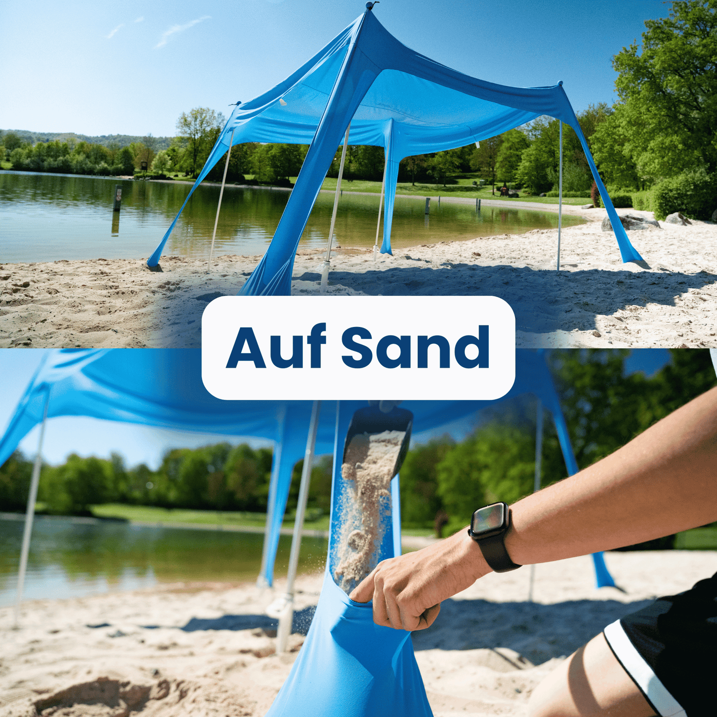 No Stress Strandzelt mit UPF 50+ Sonnensegel 300x300 cm bis 6 Personen