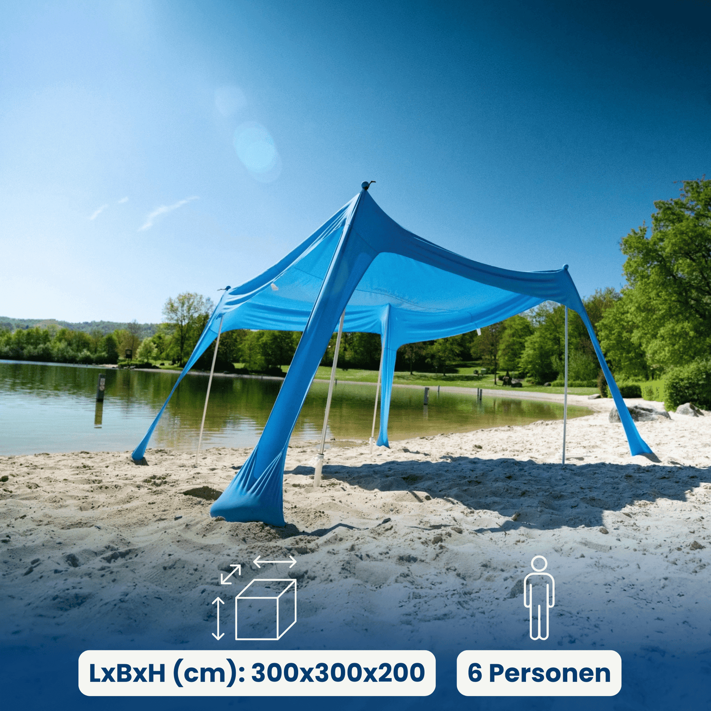 No Stress Strandzelt mit UPF 50+ Sonnensegel 300x300 cm bis 6 Personen
